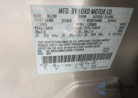 2009 Lincoln Mkx z USA, uszkodzony, nr VIN 2LMDU88C09BJ12294